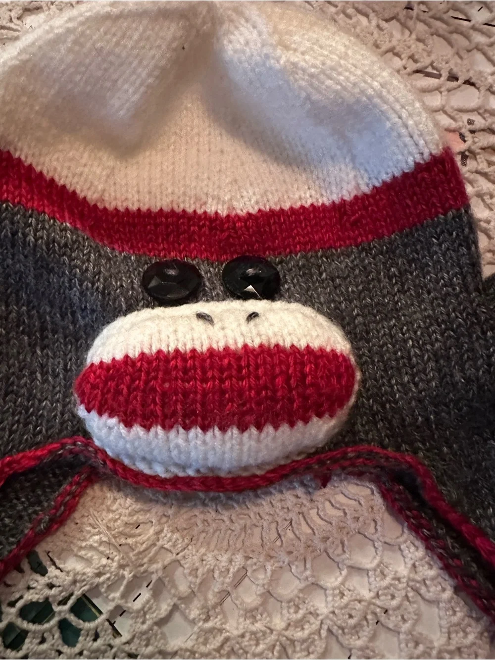 Women’s Grey and Red Sock Monkey Earflap Hat